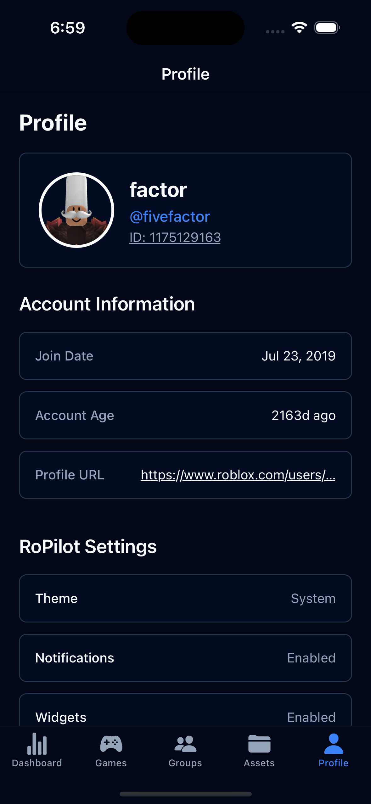 RoPilot Profile screen